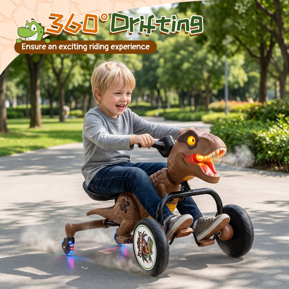 Dinosaur Drift Tricycle in brown features lights, mist spray, and 360-degree spin mode for exciting outdoor play.