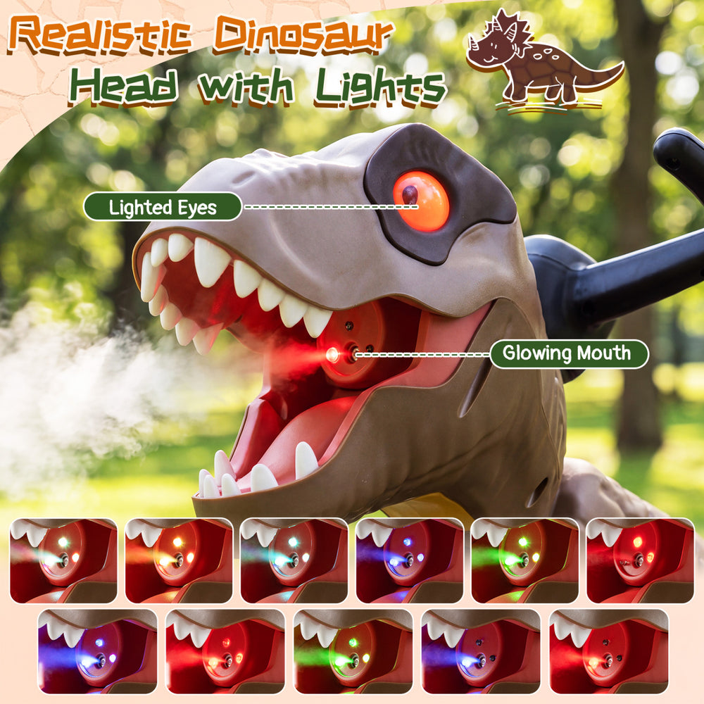 Realistic brown dinosaur head with lights and mist spray, designed for the Dinosaur Drift Tricycle for engaging play.