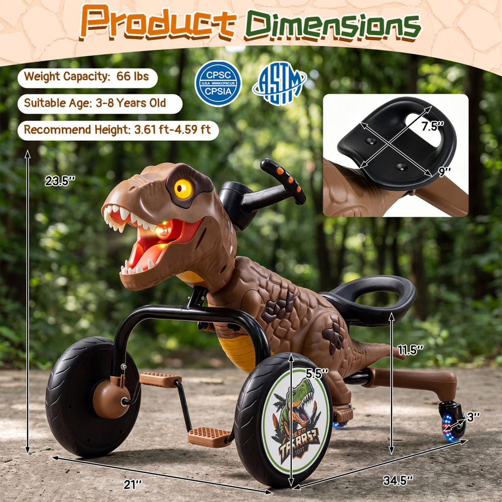 Dinosaur Drift Tricycle in brown features a realistic dinosaur head, mist spray, lights, and 360-degree spin mode for fun.