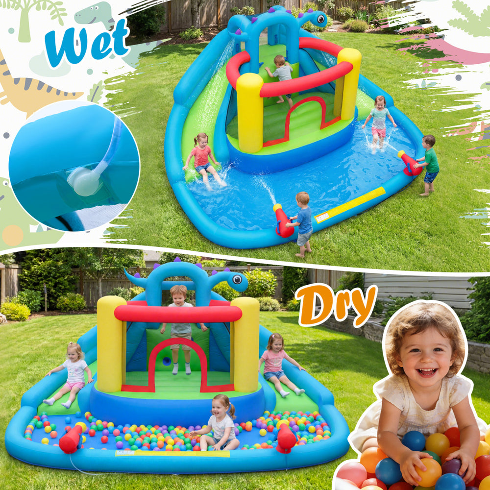 Dinosaur-themed inflatable bounce house with a climbing wall and vibrant play area, perfect for backyard parties.