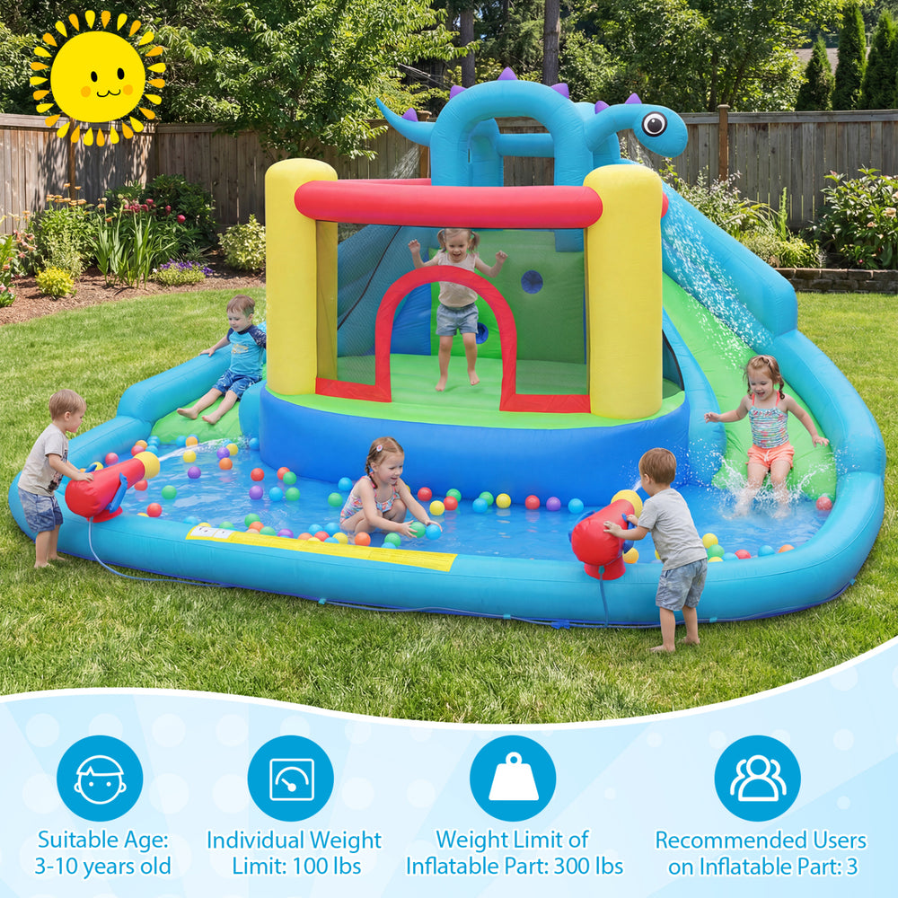 Dinosaur-themed inflatable bounce house with double slides, splash pool, and water cannons for backyard fun.