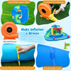 Dinosaur-themed inflatable bounce house with water slide, featuring double slides and splash pool for backyard fun.
