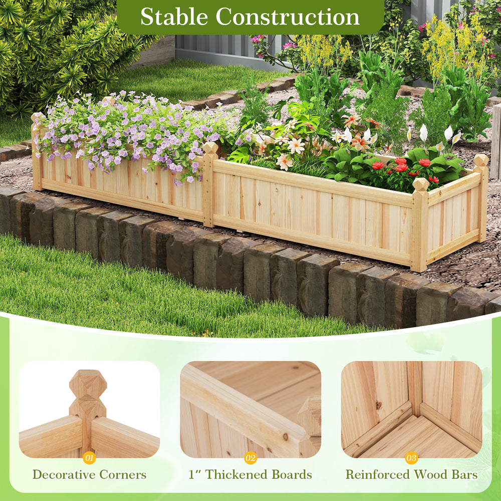 Divisible planter box made of painted fir wood, featuring drainage holes and removable liner for healthy plant growth.