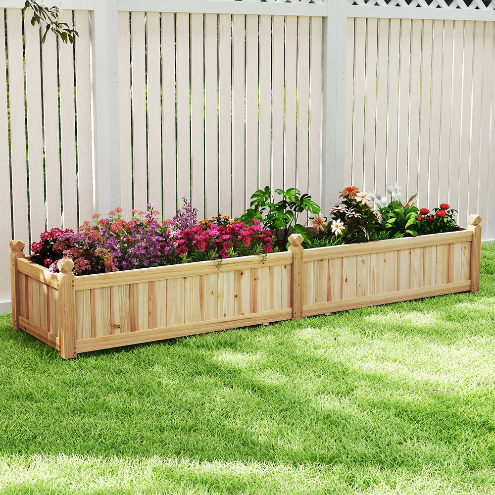Divisible planter box made of painted fir wood, featuring drainage holes and a removable liner for healthy plant growth.