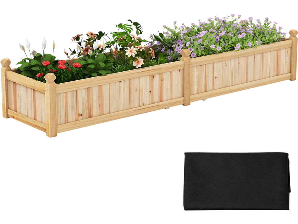 Divisible planter box made of painted fir wood, featuring drainage holes and a removable black liner for growing.