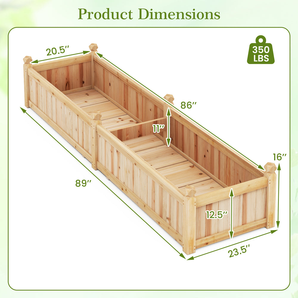Divisible planter box dimensions showing 91 x 24 x 16 inches, made of painted fir wood for growing vegetables.