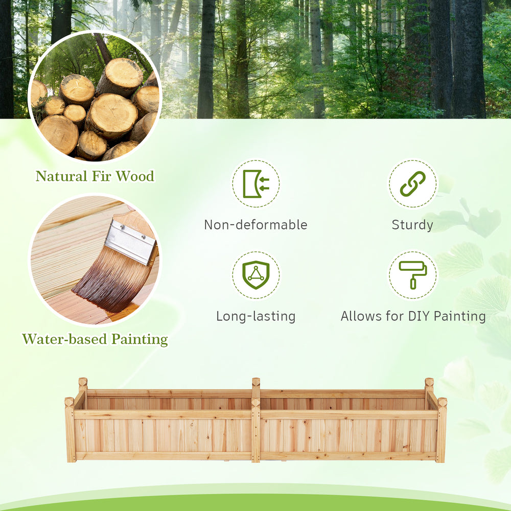 Divisible planter box made of natural fir wood, featuring drainage holes and a removable liner for healthy plant growth.