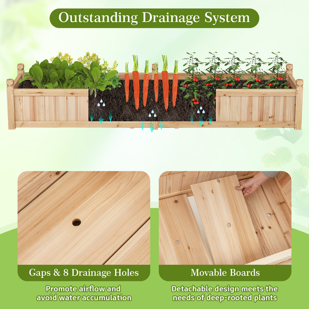 Divisible planter box with removable divider, drainage holes, and non-woven liner for healthy vegetable growth.