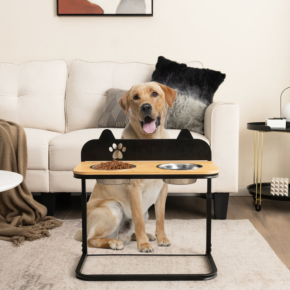 Elevated dog bowl stand with bamboo tabletop and two stainless steel bowls, designed for comfort and stability.