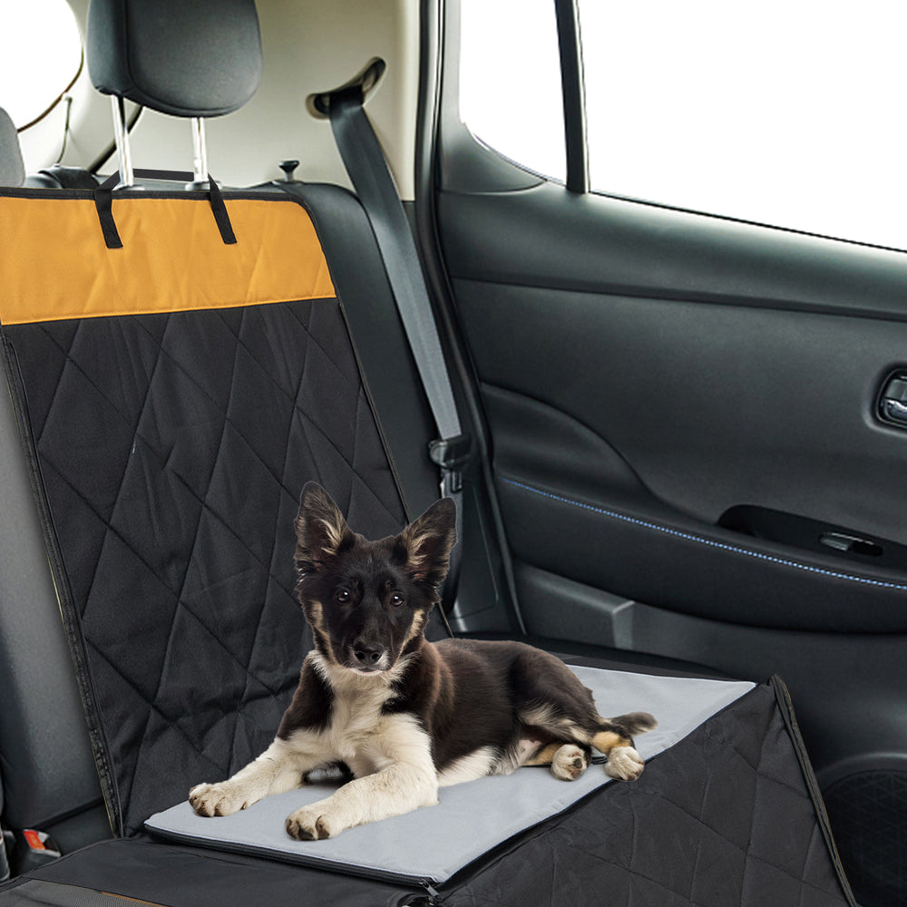 Dog car seat cover in black with mesh window, designed for small and medium dogs, providing protection and comfort.