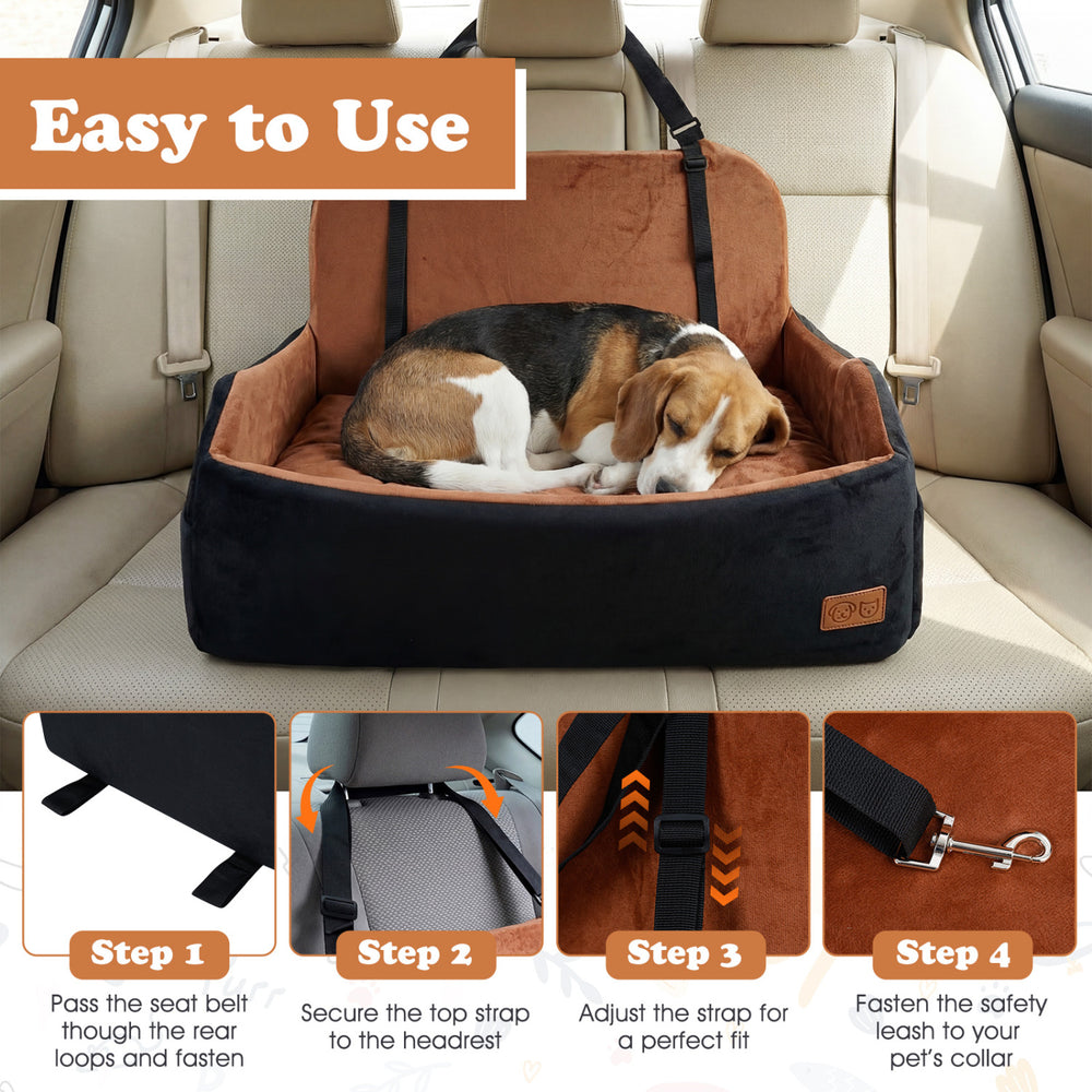 Dog car seat booster for medium and large dogs with adjustable strap, non-slip bottom, and washable cover for easy.