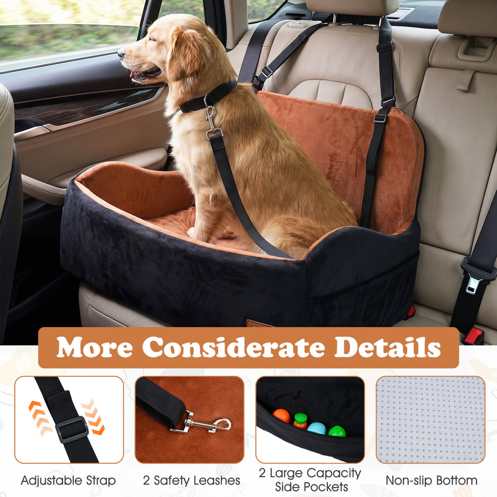 Dog car seat booster with adjustable strap, safety leashes, and non-slip bottom for secure travel and comfort.