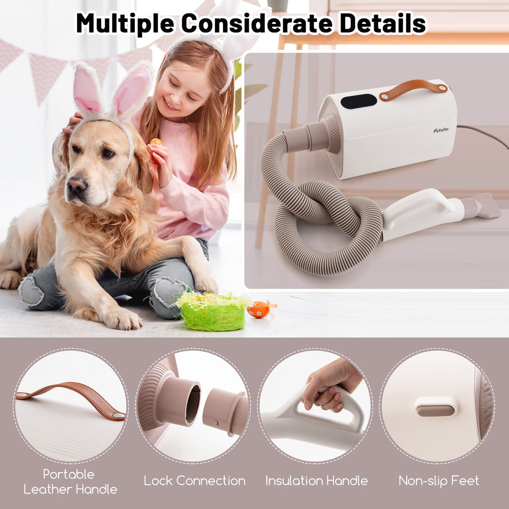 Dog cat hair blower with adjustable temperature, negative ion function, and multiple nozzles for efficient drying.