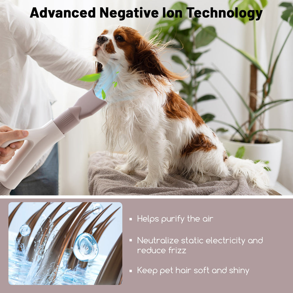 Dog cat hair blower with negative ion technology, adjustable temperature, and 5-finger comb nozzle for effective drying.