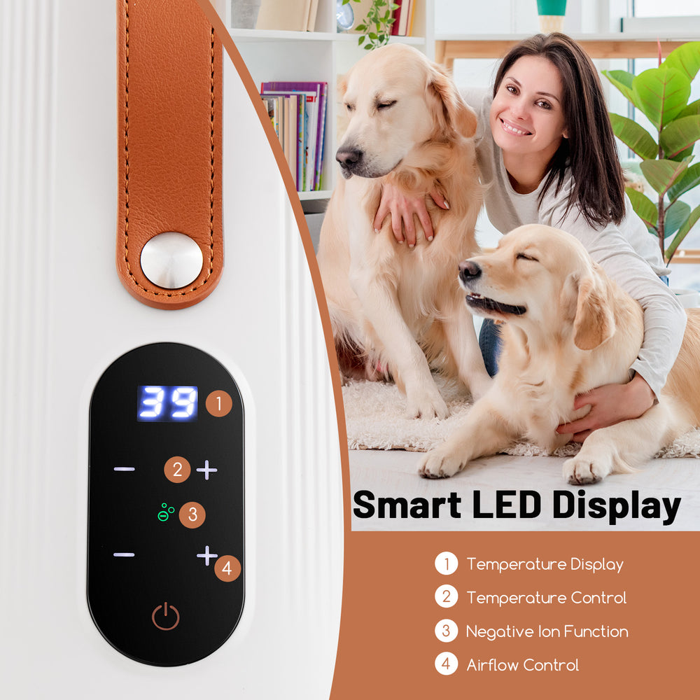 Dog cat hair blower with smart LED display, adjustable temperature, and negative ion function for efficient drying.