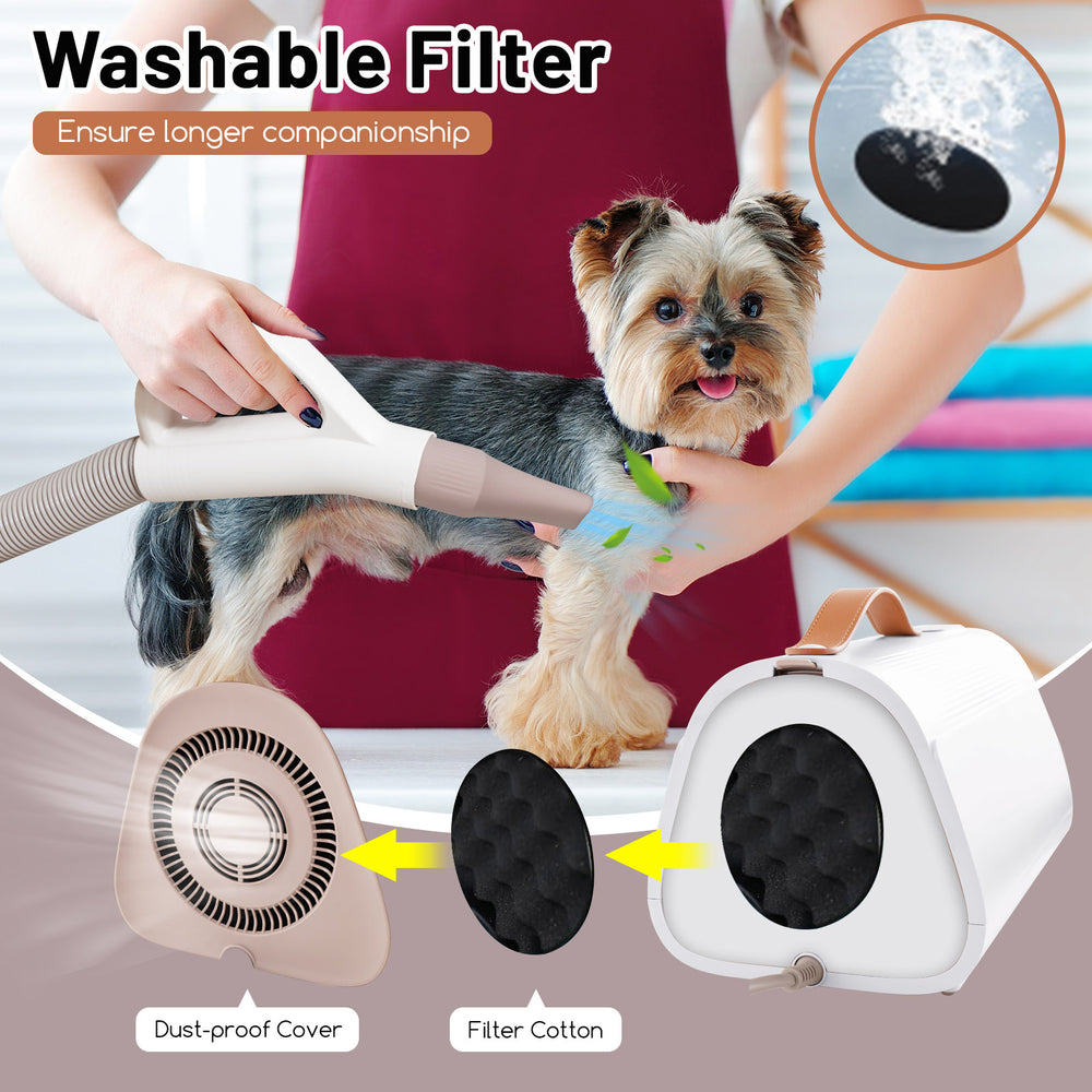 Dog hair blower with adjustable temperature, negative ion function, and washable filter for efficient pet drying.