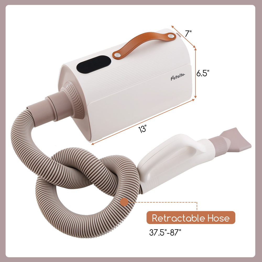 Dog cat hair blower with retractable hose, negative ion function, and adjustable temperature for efficient drying.