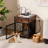 Rustic brown dog crate furniture with charging station, drawer, and lockable door, ideal for small dogs and as an end.