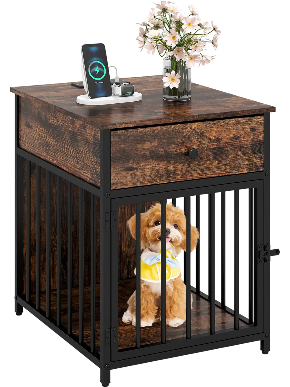Wooden dog crate furniture in rustic brown with charging station, ideal for small dogs, also serves as an end table.