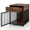 Rustic brown dog crate furniture with a drawer, charging station, and chew-resistant metal fencing for small dogs.