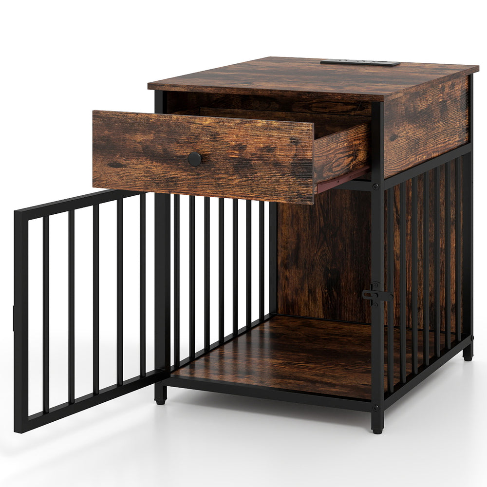 Rustic brown dog crate furniture with a drawer, charging station, and chew-resistant metal fencing for small dogs.
