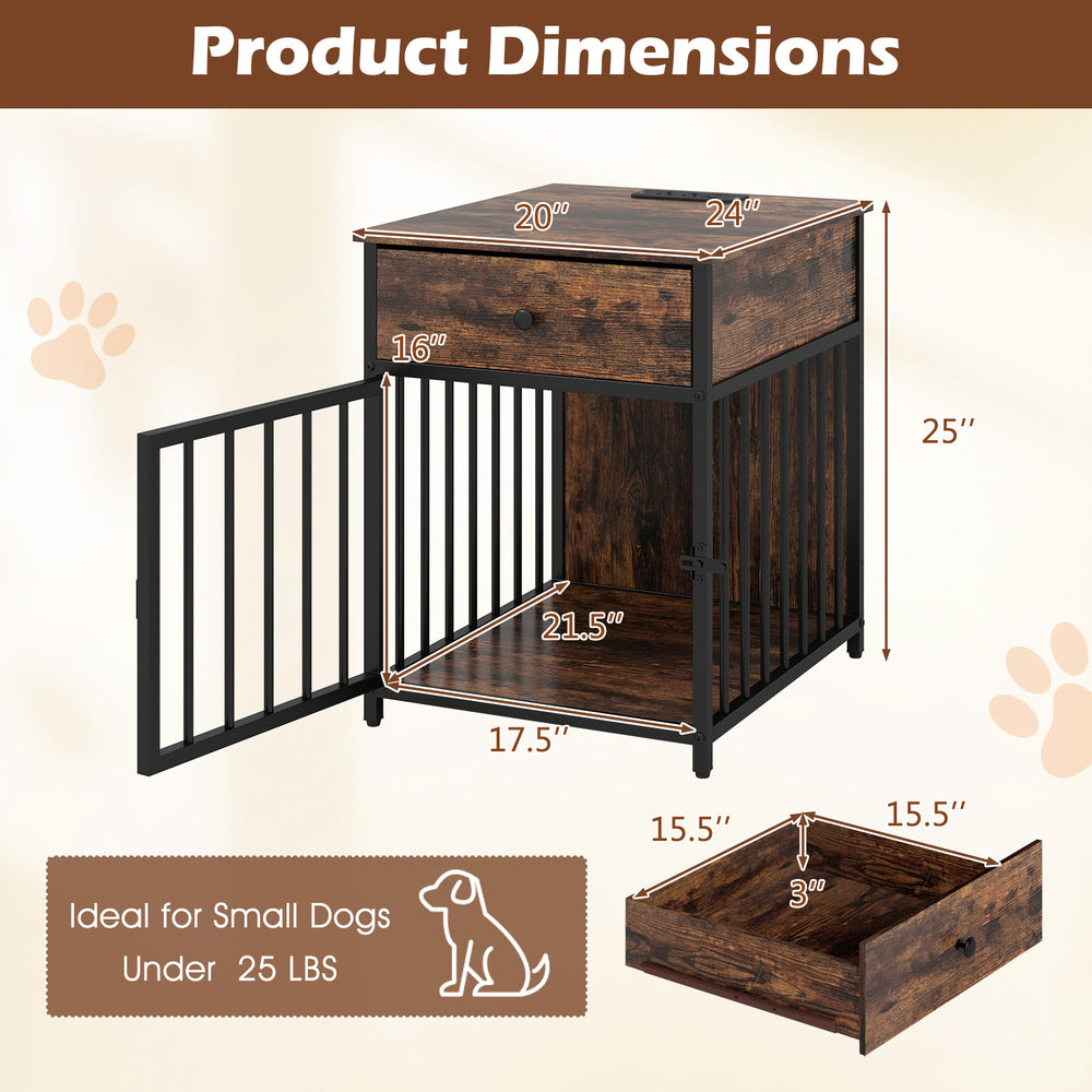 Rustic brown dog crate furniture with charging station, ideal for small dogs under 25 lbs, featuring a lockable door.