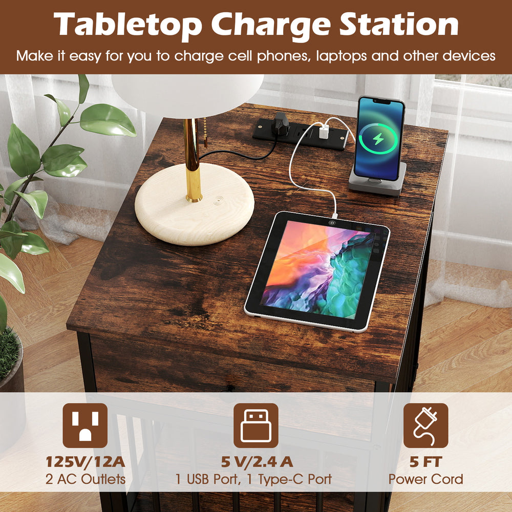 Wooden dog crate furniture in rustic brown with a charging station, ideal for small dogs and as an accent table.