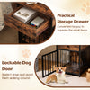 Dog crate furniture with a lockable door and storage drawer, ideal for small dogs and charging devices in rustic brown.