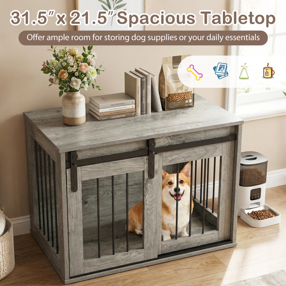 Heavy-duty dog crate furniture in gray with sliding barn door, spacious tabletop for pet supplies, ideal for living.