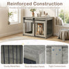 Heavy-duty dog crate furniture in gray with a sliding barn door, sturdy metal bars, and reinforced wooden panels for.