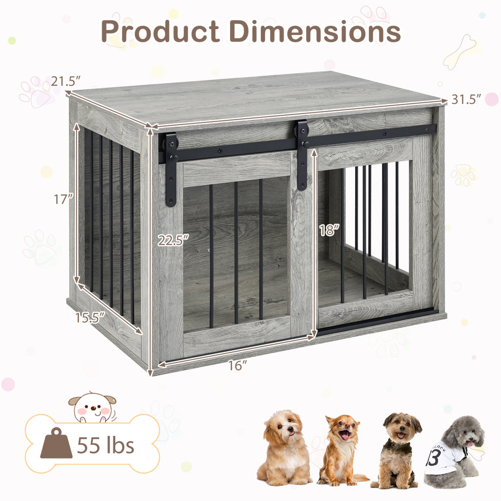 Dog crate furniture with sliding barn door, gray finish, dimensions 31.5" x 21.5" x 17", suitable for small to medium.