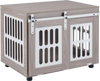 Dog crate furniture in gray with sliding barn door, spacious tabletop, and side metal windows for small to medium dogs.