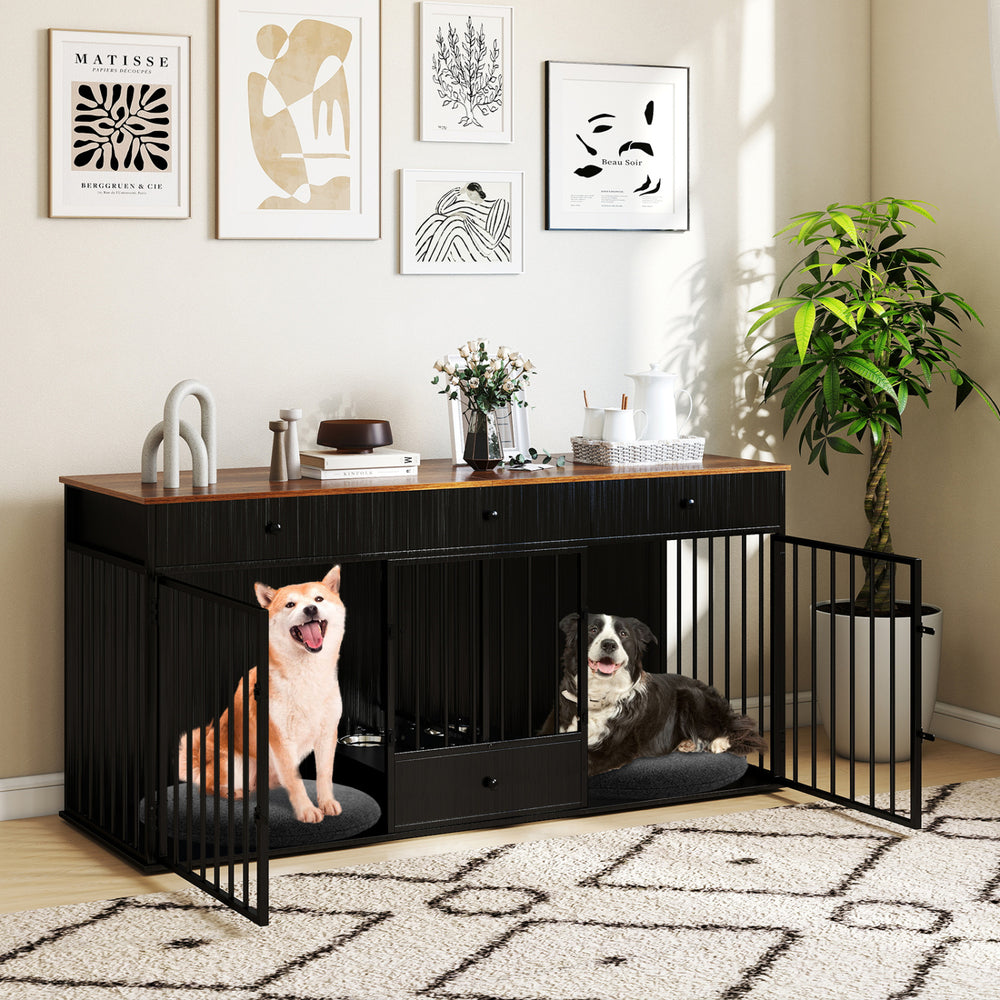 Dog Crate Furniture Indoor Modern Dog Kennel with Divider 3 Drawers and Pull-out Feeder-Black - Gallery View 1 of 10