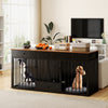 Indoor modern dog kennel with divider, black finish, featuring 3 drawers and pull-out feeder for organized pet care.