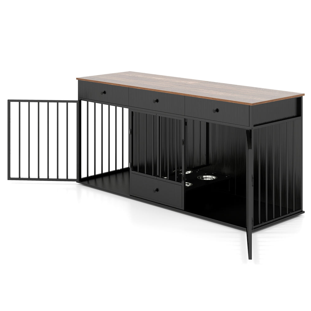 Modern black dog crate furniture with 3 drawers, pull-out feeder, and divider for versatile indoor use.