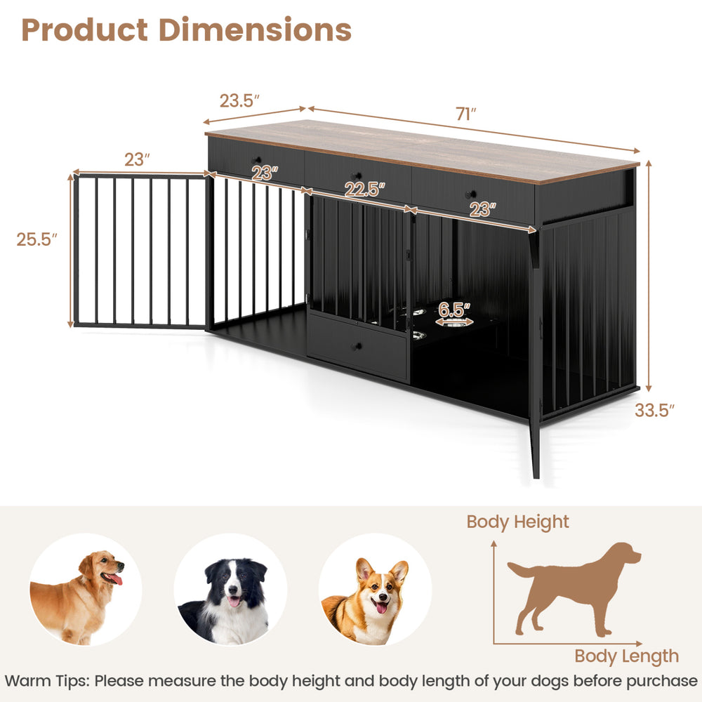 Dog crate furniture in black with divider, 3 drawers, and pull-out feeder for organized indoor pet space.