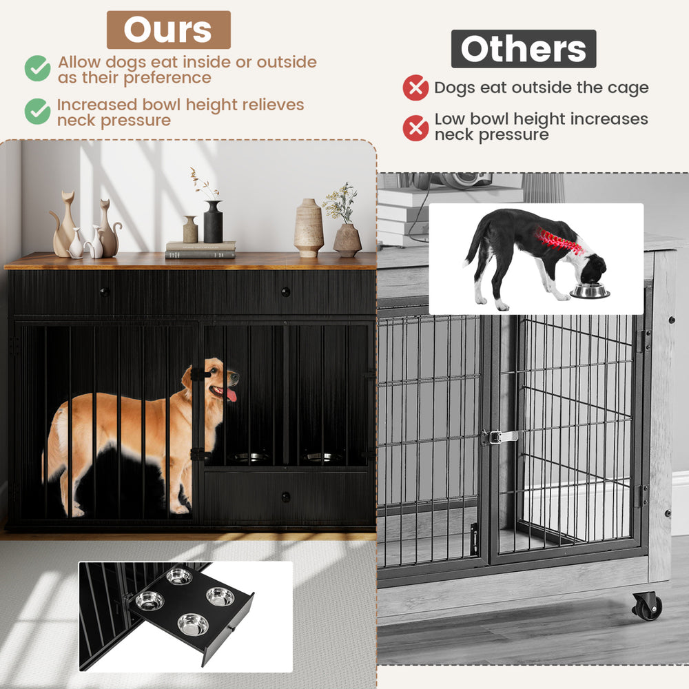 Indoor modern dog kennel with pull-out feeder, 3 drawers, and increased bowl height for reduced neck pressure.