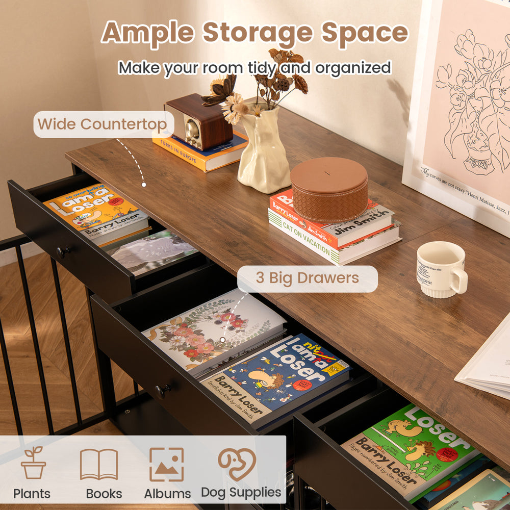 Indoor dog crate furniture with 3 big drawers, wide countertop, and pull-out feeder for organized pet care.