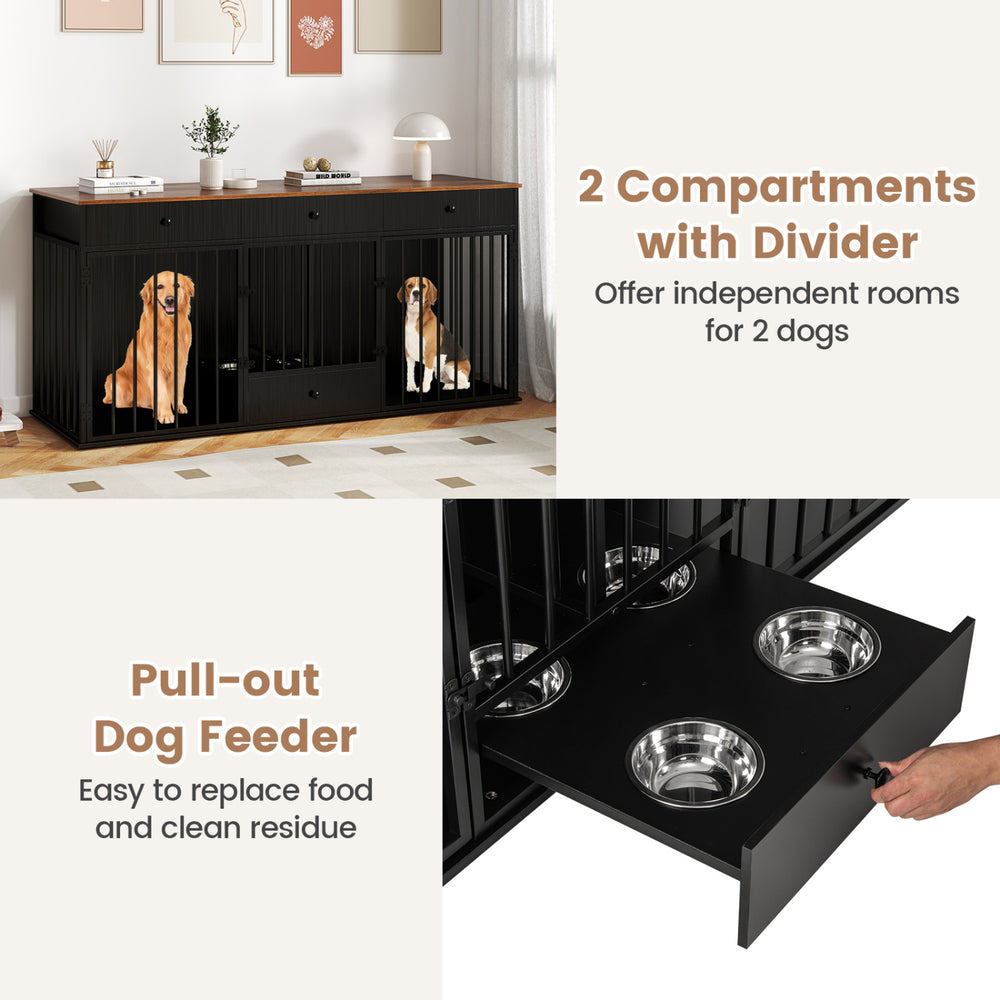 Modern black dog crate furniture with divider, pull-out feeder, and 3 drawers for organized pet care and versatile use.