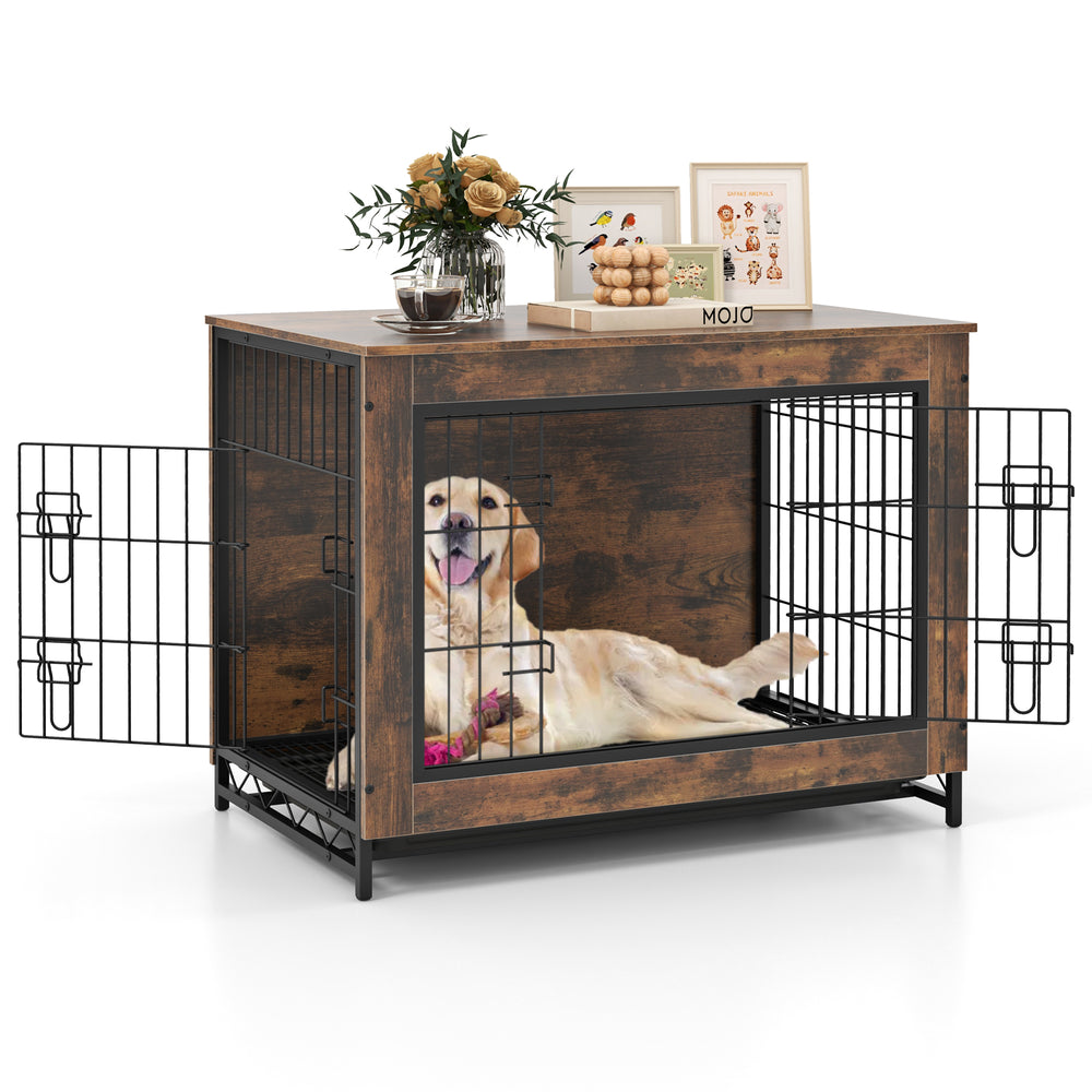 Dog crate furniture with double lockable doors, removable tray, and a decorative wood finish for versatile use.