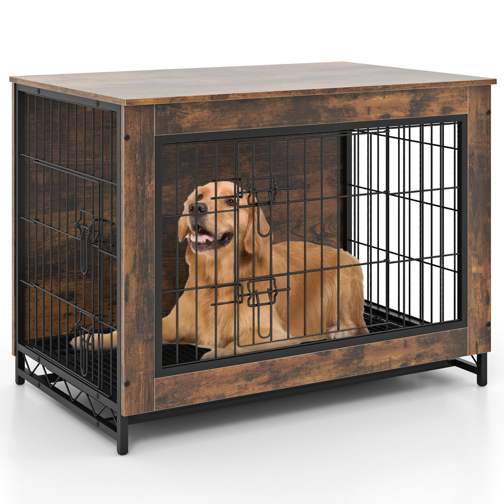 Dog crate furniture with double lockable doors, removable tray, and a durable metal frame, ideal as an end table.