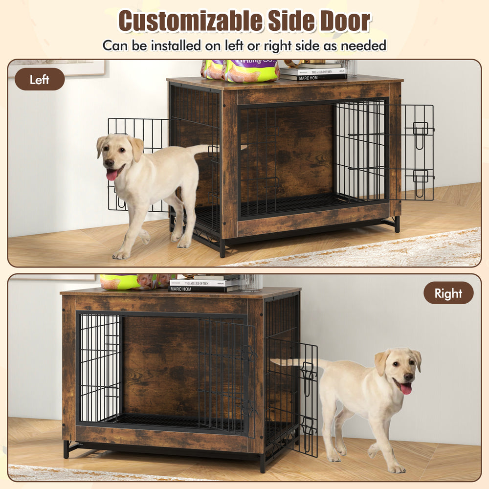 Dog crate furniture with customizable side door, double lockable doors, and removable pull-out tray for versatile use.