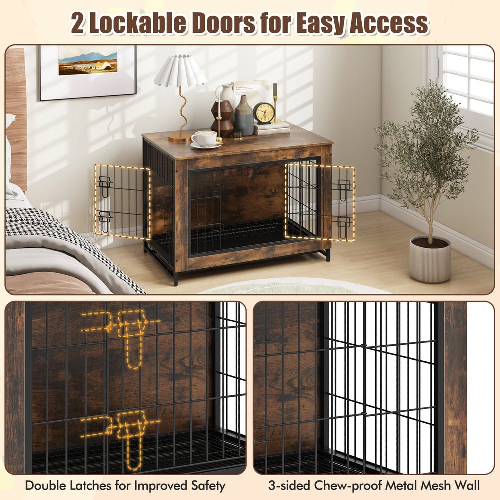 Dog crate furniture with double lockable doors, removable tray, and chew-proof metal mesh wall for versatile use.