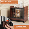 Indoor dog crate with lockable door, removable tray, and rustic wood-like finish for stylish pet containment.