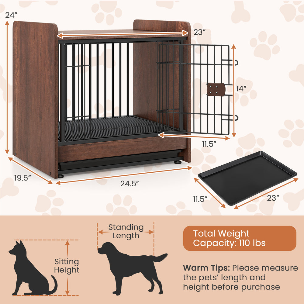 Indoor dog crate with removable tray, lockable door, and rustic wood-like finish, suitable for pets up to 110 lbs.