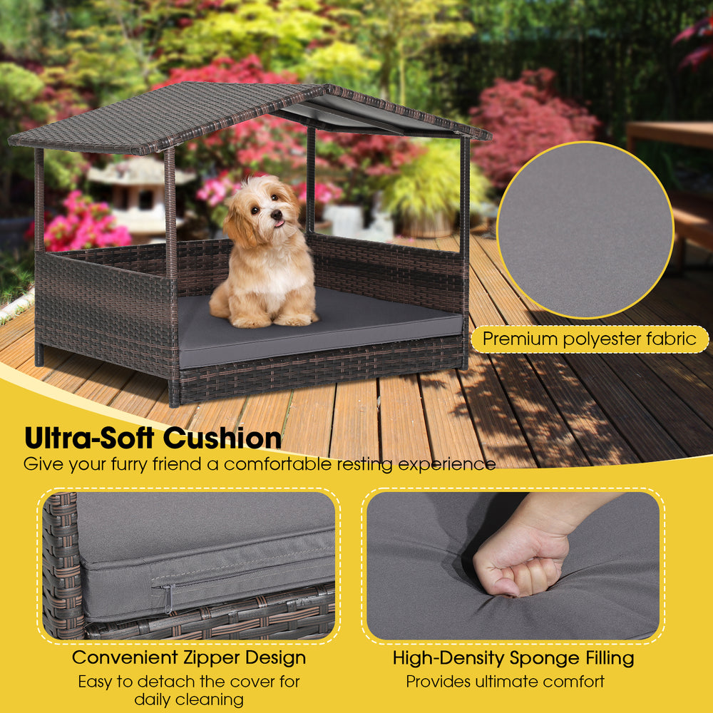 Outdoor wicker dog house with weatherproof roof and gray cushion, providing comfort and stability for pets.