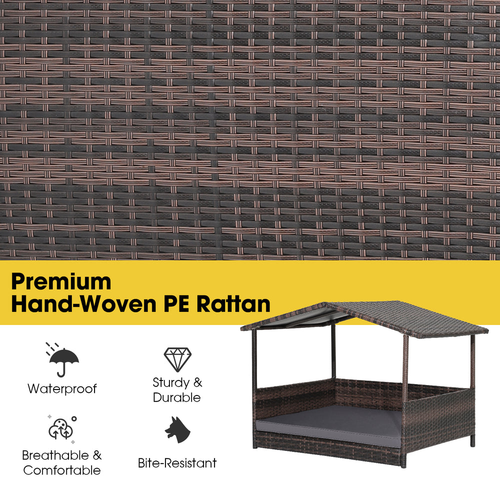 Close-up of the premium hand-woven PE rattan of the outdoor wicker dog house, waterproof and durable for all weather.