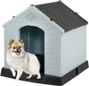 Small waterproof plastic dog house with elevated floor, ideal for keeping dogs comfortable and protected outdoors.