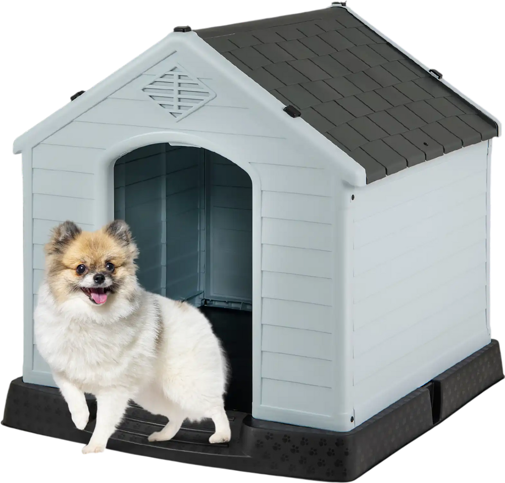 Small waterproof plastic dog house with elevated floor, ideal for keeping dogs comfortable and protected outdoors.