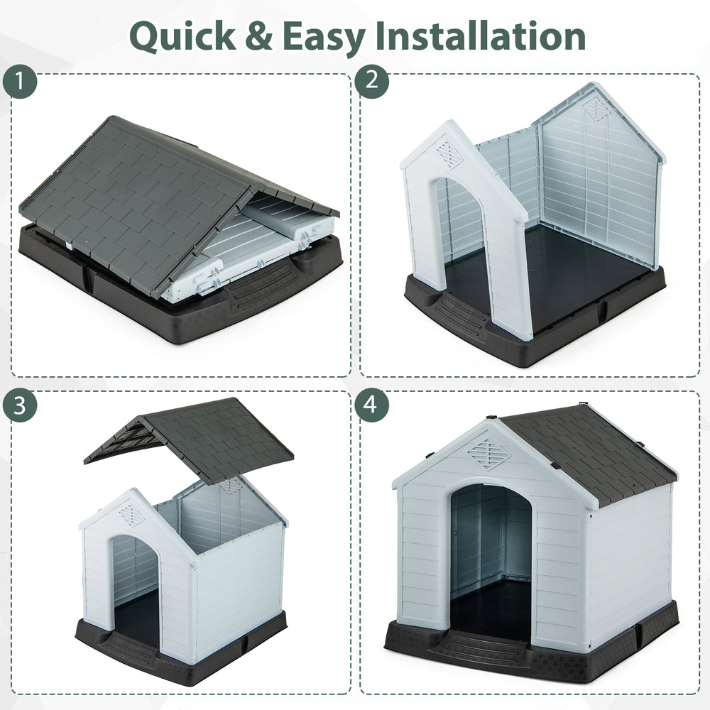 Dog house assembly steps showing waterproof plastic design with elevated floor for small dogs, easy to install and.